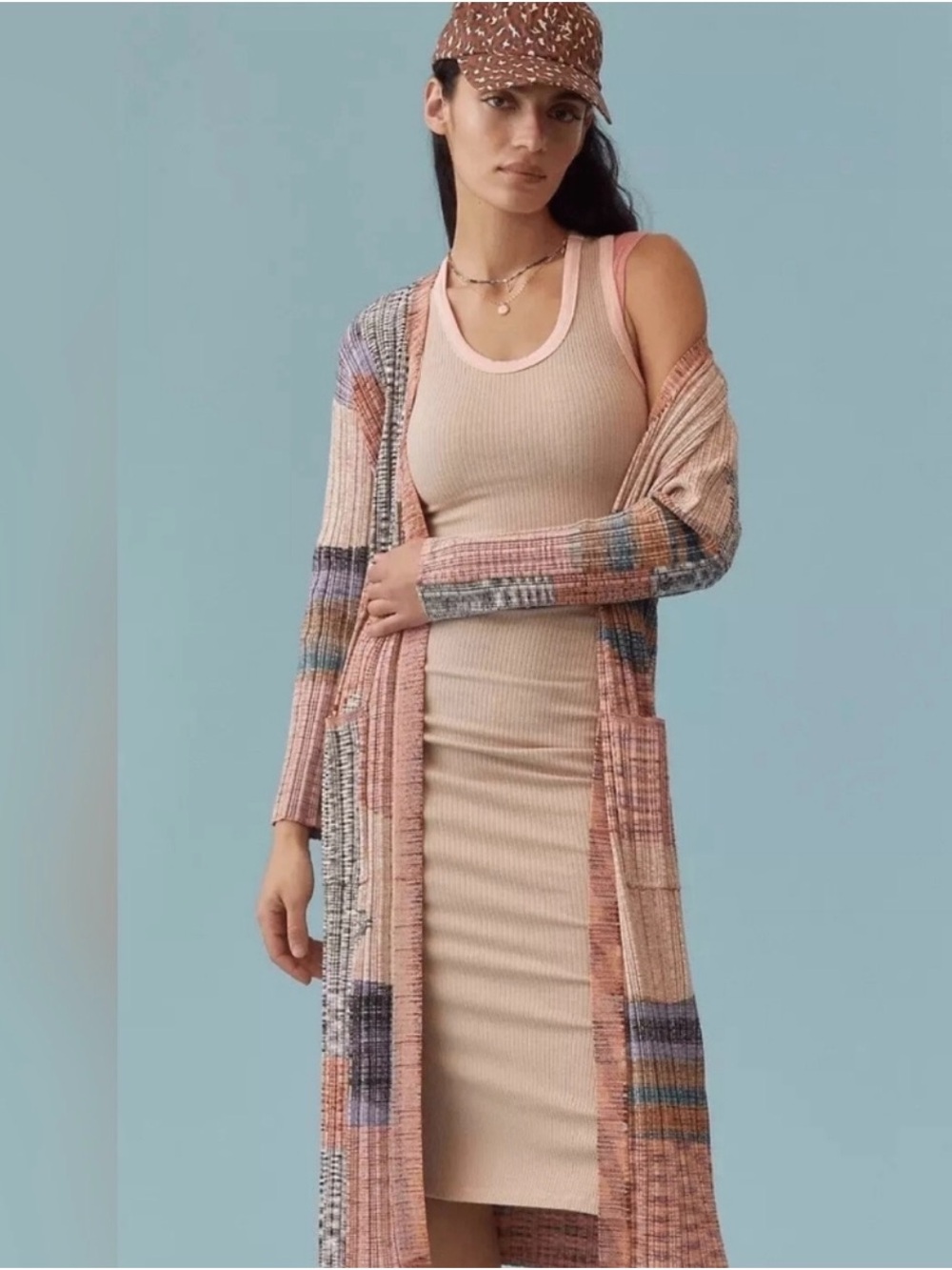 Anthropologie Beige Ribbed Tank Dress with Pink Multi-Color Patchwork Cardigan